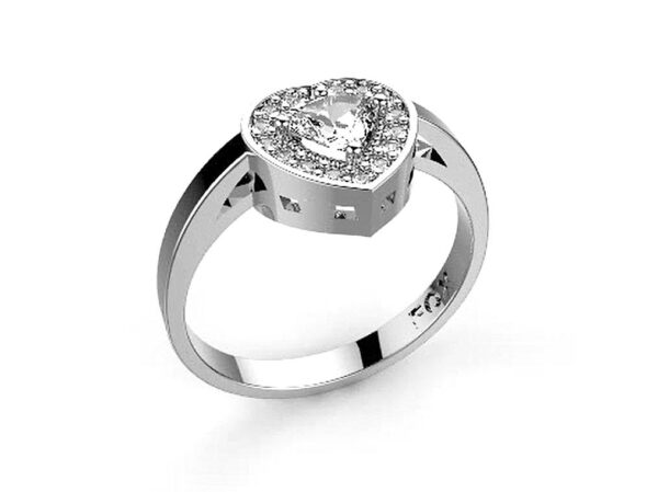 Zásnubní prsten značky FOX® 4 z bílého zlata, který je osazený jedním centrálním diamantem srdcového brusu a menšími diamanty okolo. hlavní