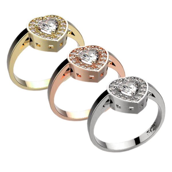 Zásnubní prsten značky FOX® 4 z růžového zlata, který je osazený jedním centrálním diamantem srdcového brusu a menšími diamanty okolo. tři